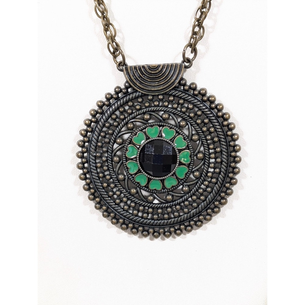 Bronze Tone Green Enamel Heart Medallion Necklace Western Tribal Long 28"